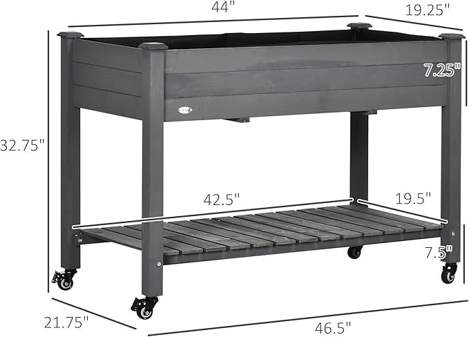 Outsunny Raised Garden Bed 47 x 22 x 33 Elevated Wooden Planter Box w/Lockable Wheels Storage Shelf and Bed Liner for Backyard Patio Dark Gray