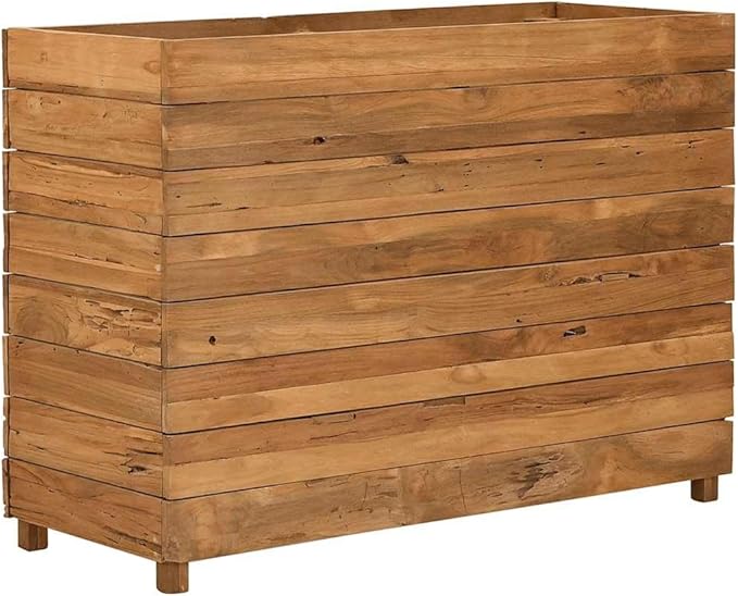Raised Bed for Outdoor Vegetable Herb Gardening - Large Recycled Teak Wood and Steel Planter Box for Flower Plant Pots and Metal Beds