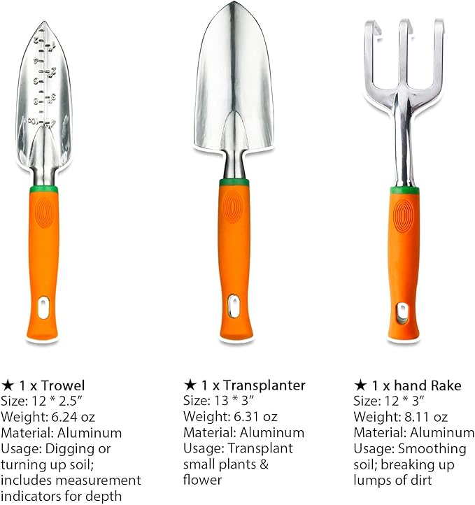 UKOKE Garden Tool Set 3 Piece Aluminum Hand Tool Kit Outdoor Tool Heavy Duty Gardening Work Set with Ergonomic Handle Gardening Tools for Women Men