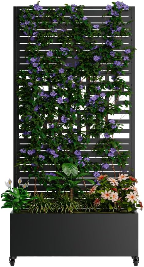 Heavy-Duty Metal Planter Box with Built-in Trellis for Climbing Plants Vegetables and Vines – Rust-Resistant Raised Garden Bed with Drainage and Mobility Features (Black-3)