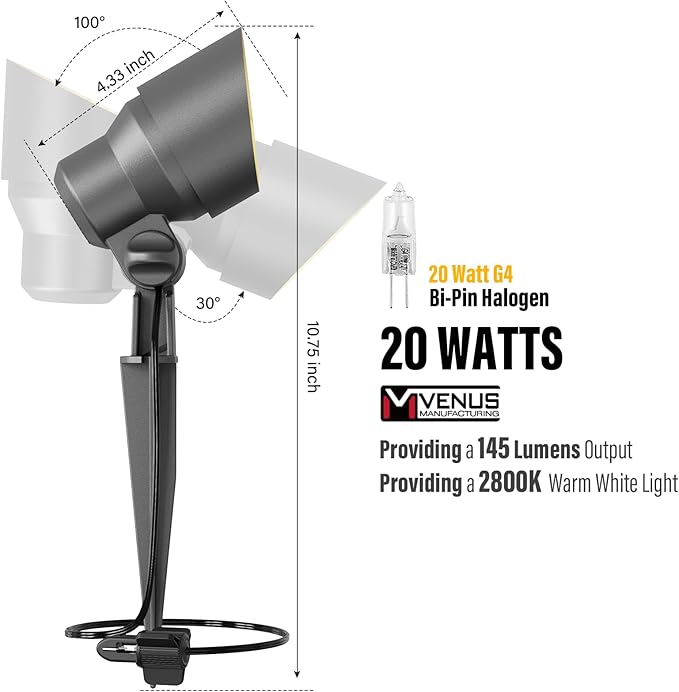 VENUS MANUFACTURING Landscape Lighting Low Voltage Landscape Spotlight Kits 20W Halogen Outdoor 145 Lumen Black Waterproof Flood Lights 12V 2800K Warm White Metal Tree Lights for Garden &amp Yard 6Pa