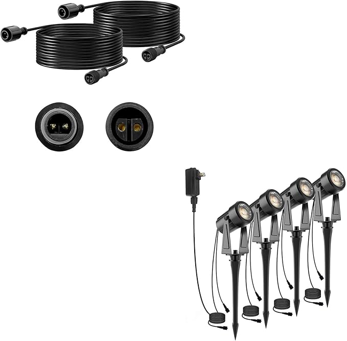 SUNTHIN 4 Pack Warm White Landscape Lighting with 2pcs 6.5FT Extension Cord for Outdoor Extend The Illumination Range