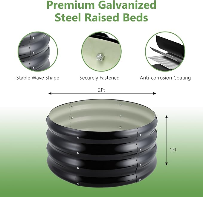 3 Pcs 2x2x1ft Round Galvanized Raised Garden Bed Planter Boxes Outdoor with Easy Assembly Metal Raised Beds for Vegetables Fruits Flowers (Galvanized Black Green)