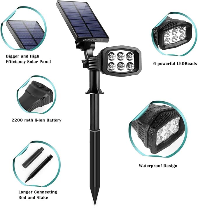 URPOWER Solar Lights Outdoor Adjustable Solar Spot Lights Outdoor Spotlight 2-in-1 Waterproof Solar Landscape Lights Wall Light Dusk-to-Dawn Solar Powered Lights for Yard Garden (Warm White 2 Pack)