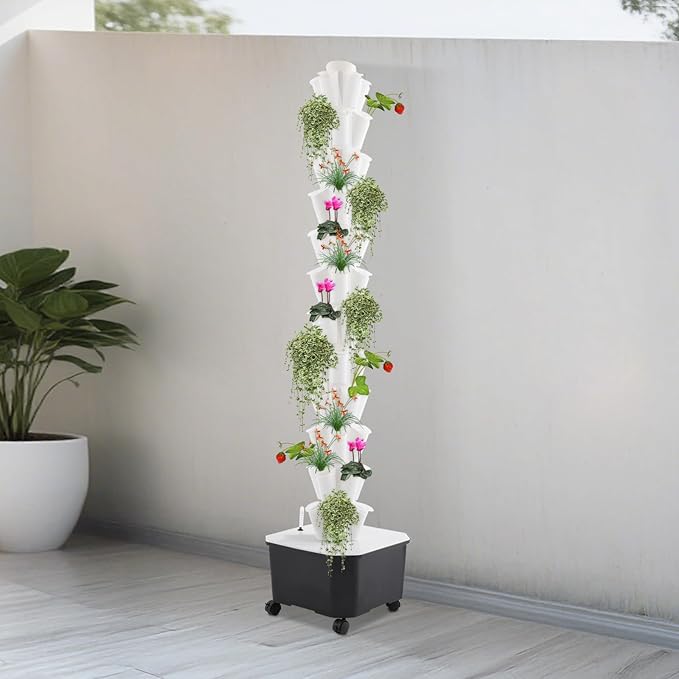 Hydroponic Growing System 60-Plant Vegetable Planter Tower with Wheels Outdoor Indoor Garden Vertical Planter Germination Kit with Water Pump &amp Intelligent Water Circulation for Gardening Lover