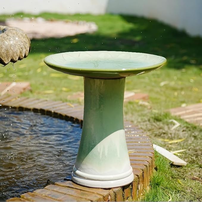 Handmade Green Gradient Glaze Ceramic Bird Bath 16.93 inch Diameter 18.11 inch Height Outdoor Gfor Birds Bathing Feeding Lightweight Weather Resistant