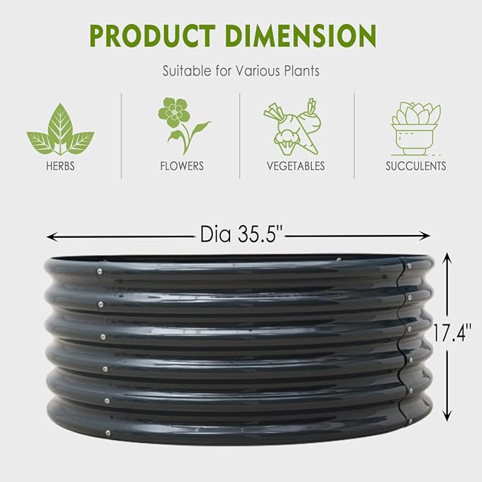 FORTUNO 17 Tall 3 FT Round Galvanized Raised Garden Bed Box Metal Outdoor High Flower Bed Steel Patio Ground Planter for Planting Vegetables and Herb Dark Grey