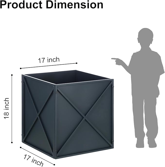 SUNNYPARK Large Metal Planter Box 17”x 17”x 18” Square Modern Grey Metal Planter Box Heavy Duty with Drainage Holes for Outdoor Garden Patio