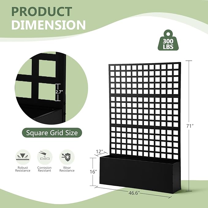 Metal Privacy Planter Box with Trellis Raised Garden Bed Privacy Screen with Drainage Holes Outdoor Metal Planter Box for Climbing Plants Patio &amp Garden 70 x 46 x 12 Black (2)
