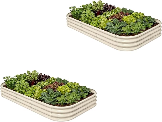 2-Pack Galvanized Raised Garden Bed 8x4x1 | 10x2x1 ft 12 Tall Metal Planter Box for Outdoor Plants Modular Raised Flower Bed Rust Resistant Coating Long Planter for Vegetable - Sand Beige