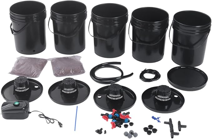 DWC Hydroponics System5.28 Gallon 5 Buckets Deep Water Culture Hydroponic Bucket Kit with Air Pump Recirculating Hydroponic System Grow Kit for Indoor Cultivating Tomatoes Peppers Vegetables Black