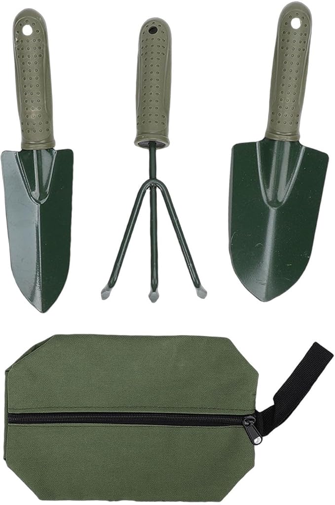Premium Iron Garden Tool SetY001 with Ergonomic Handle Wide and Narrow Shovel 3 Prong Rake and Storage Bag for Gardening Suitable for Weeding Digging Transplanting Planting