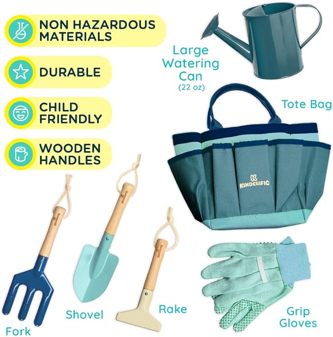 Gardening Set Tool Kit for Kids STEM Includes Tote Bag Spade Watering Can Rake Fork Trowel and Gloves (Ocean Blue)