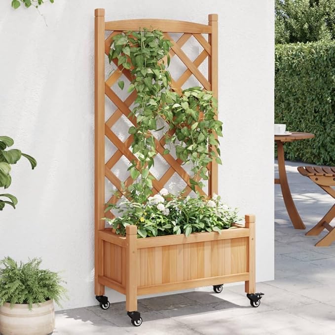 Rectangular Brown Solid Fir Wood Planter with Trellis Wheels 11.6x21.7x46.3 Inch Raised Garden Bed for Outdoor Plants Balcony Patio
