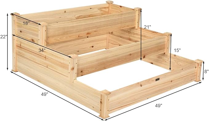 Giantex 3 Tier Raised Garden Bed Outdoor Planter Box Vegetable Flowers Growing Box Elevated Raised Bed Kit Wood Planting Container 49’’x49’’x22 (LxWxH)