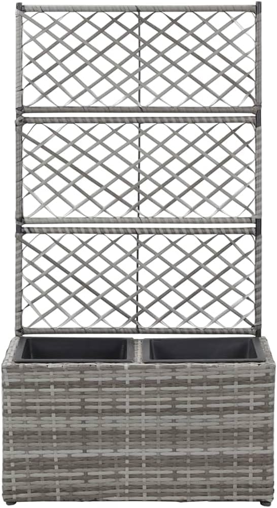 Trellis Raised Bed with 2 Pots Gardening Box Horse Trough planters Patio planters Standing Planter Suitable for Corridor Courtyard Nursery Orchard 22.8 x 11.8 x 42.1 Poly Rattan Gray