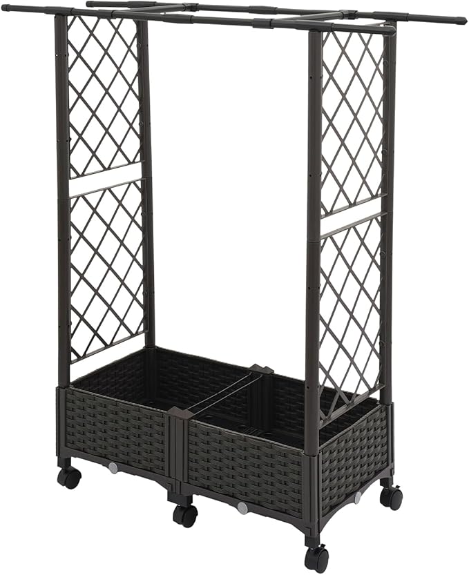 Planter Box with Trellis Self-Watering Raised Garden Bed for Outdoor &amp Indoor Use Large Mobile Vertical Planter for Flowers Vegetables &amp Herbs 6 Wheels