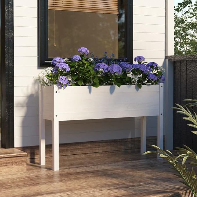 Wooden Garden Planter Box Stand with Legs Outdoor Raised Garden Bed Garden Yard Wood Box for Vegetables Flowers Herbs White 43.3x12.2x27.6 Solid Wood Pine