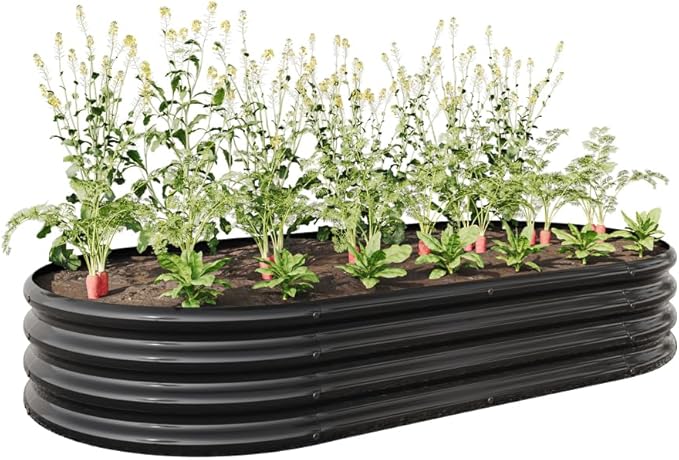 LICOME Large Raised Garden Bed Galvanized Metal Planter Box Outdoor 70.8 x 35.4 Oval Garden Beds Easy Assembly Raised Beds for Gardening (Black + 70.86 x 35.43 x 11.42 inches)