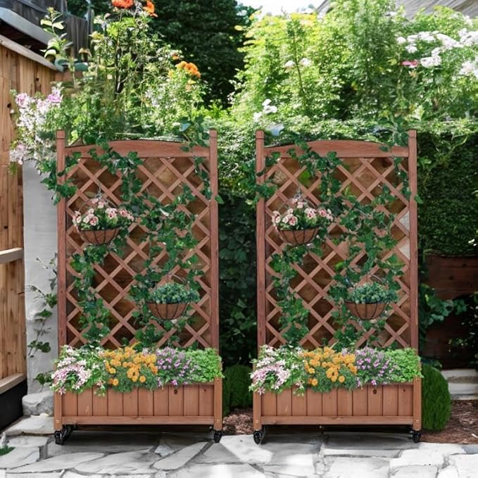 2 Pack Raised Garden Bed with Trellis and Wheels Planter Boxes Outdoor for Climbing Plants Raised Flower Bed with Drainage Raised Beds for Gardening 42.3 Tall (Brown)