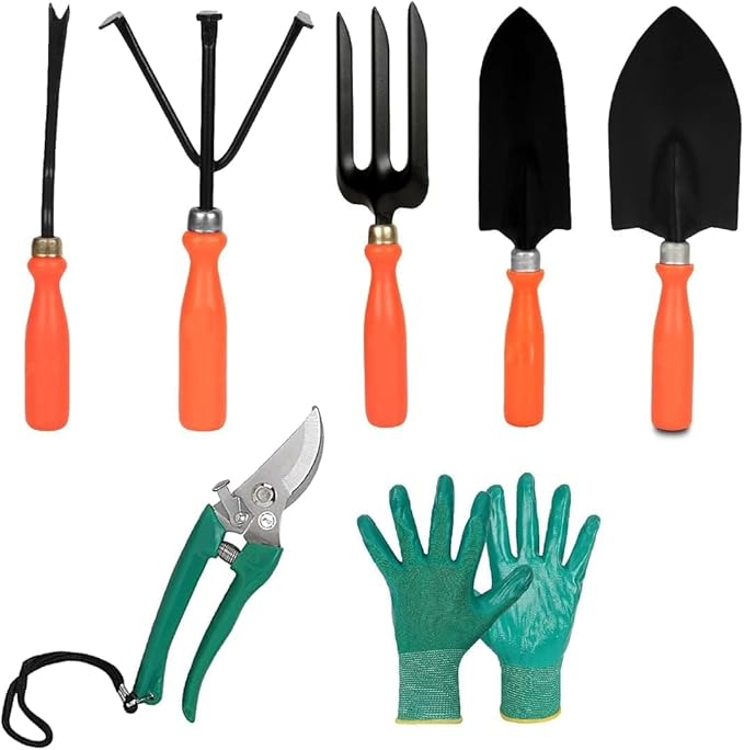 Gardening Tools Kit - 7 Pcs (Cultivator Fork Trowels Weeder Garden Gloves Pruner Cutter) | Gardening Tools Set for Home | Indoor and Outdoor Gardening