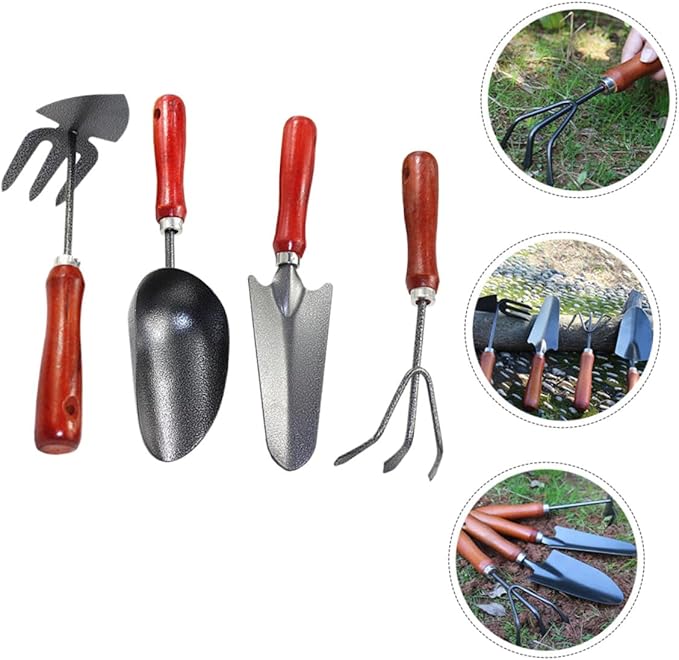 4pcs Gardening Tool Set with Small Garden Shovel Soil Scoop Hand Trowel and Three-Prong Rake Mini Iron Tools for Planting Weeding and Soil Digging in Garden and Flower Pots
