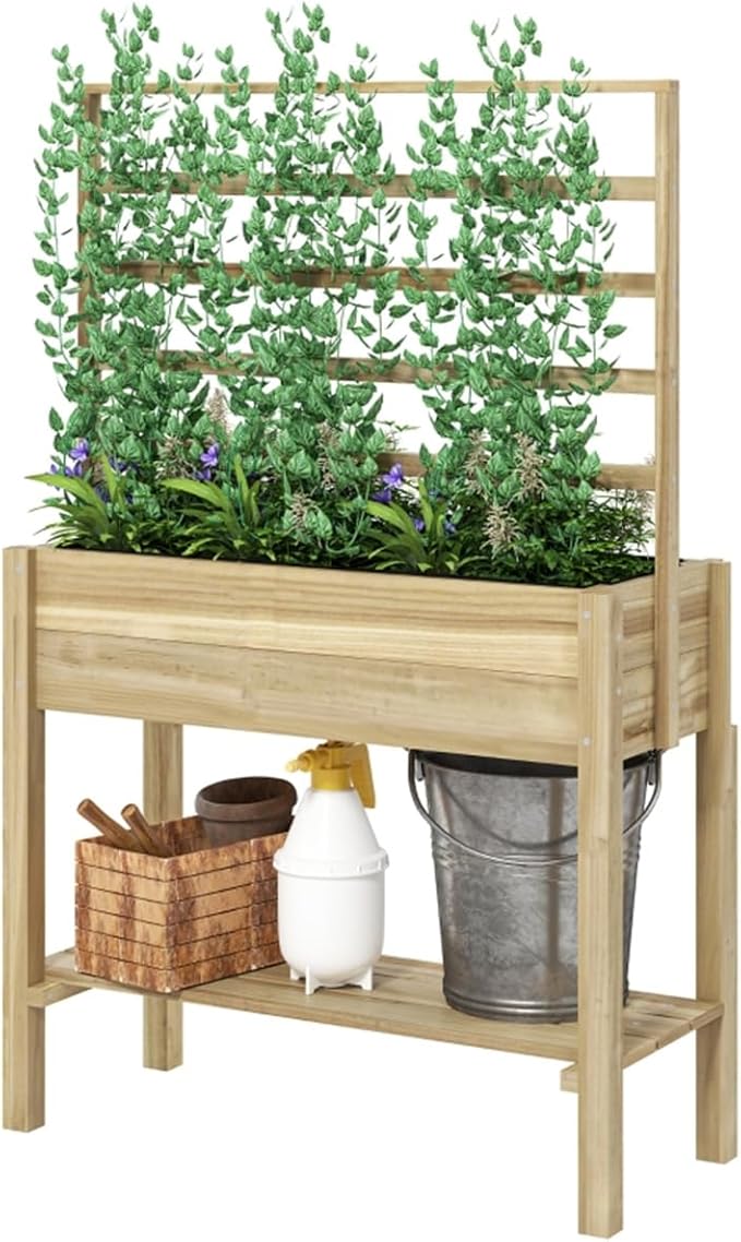 Raised Garden Planter Outdoor Garden Raised Bed Vegetable Flower Planter Raised Stand for Garden Grow Your Own Herb GardenRaised Garden Bed Outdoor Planter Box &amp Plant Stand with Climbing Rack