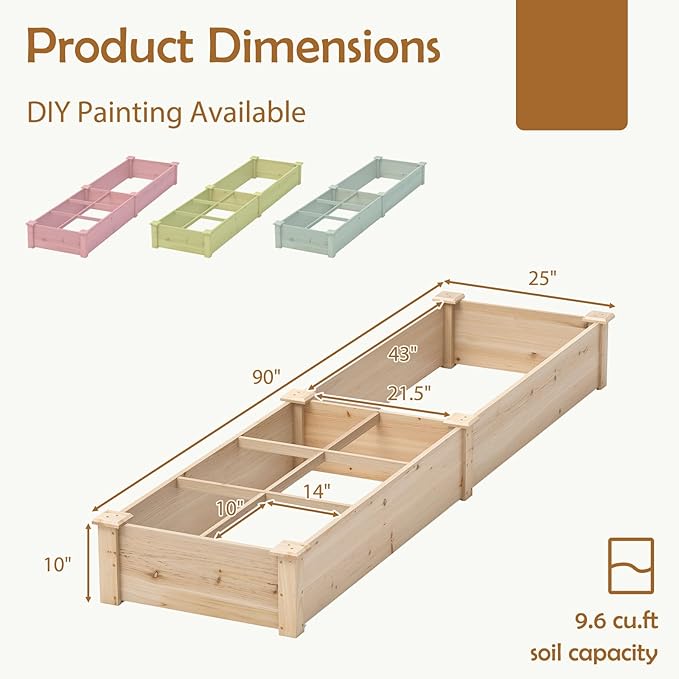 HAPPYGRILL Raised Garden Bed Wooden Planter Raised Bed w/2 Garden Boxes 7 Compartments DIY Painting Available Elevated Planter Box for Patio Garden Backyard Lawn Gardening 90” x 25” x 10”