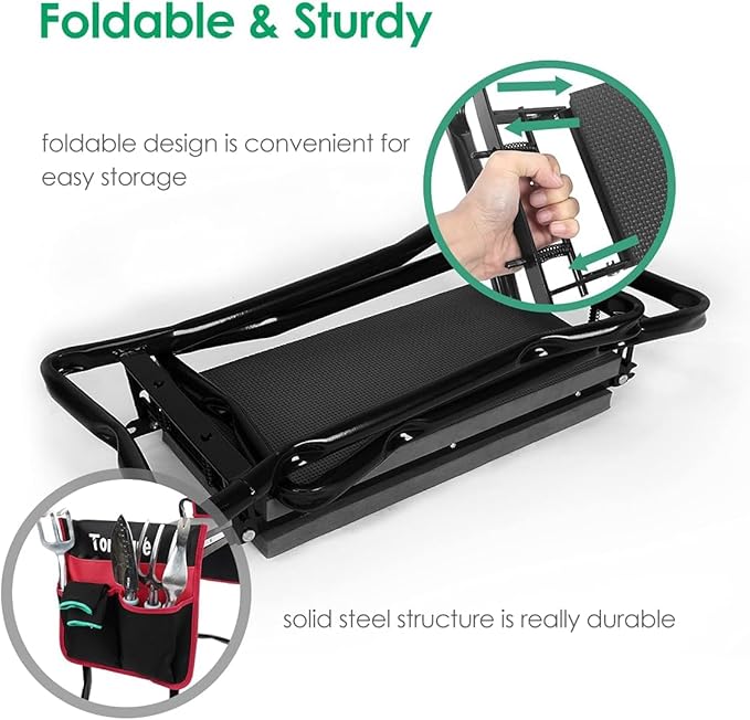 TomCare Garden Kneeler Seat Garden Bench Garden Stools Foldable Stool with Tool Bag Pouch EVA Foam Pad Outdoor Portable Kneeler Christmas Gardening Gifts for Women MenLarge 21.65x10.62x18.89Black