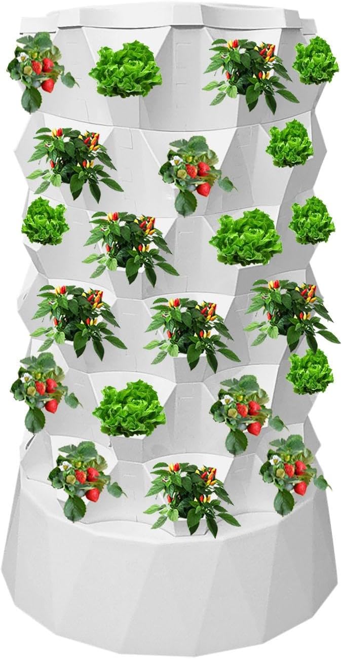 6 Tier 48 Slots Aeroponic TowerPlant Tower Outdoor HydroponicHydroponics Tower with Hydrating PumpTimerAdapterSpongeHydroponic Grow Towers for VegetablesSpace-Saving Design Vertical Planter