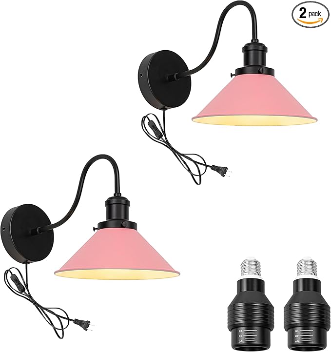 2-Pack Hook Mounted Plant Light Full Spectrum 4500K 10W Adjusted Light Beam Range 15°-60° Vintage Pink Cone Shade Goose Neck Wall Lamp for Indoor Plants Flowers Growing