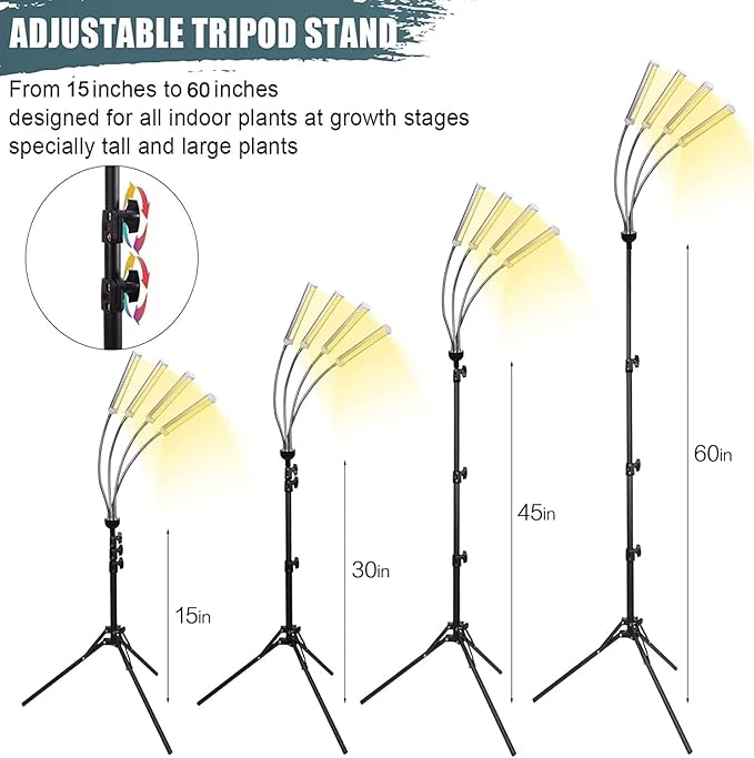 LED Grow Lights for Indoor Plants 420 LEDs Full Spectrum Plant Lights for Indoor Growing with 15-63 inches Adjustable Tripod Stand 4 Heads Floor Grow Lamp with 3/6/12H Auto On/Off Timer Function