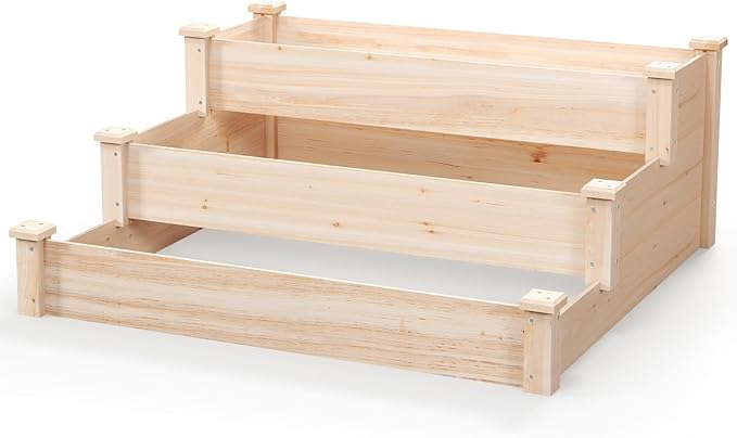 Giantex 3-Tier Raised Garden Bed Tiered Planter Box w/Open-Ended Base Fir Wood Elevated Raised Beds for Gardening Vegetable Flower Herb Fruit Perfect for Patio Lawn Backyard