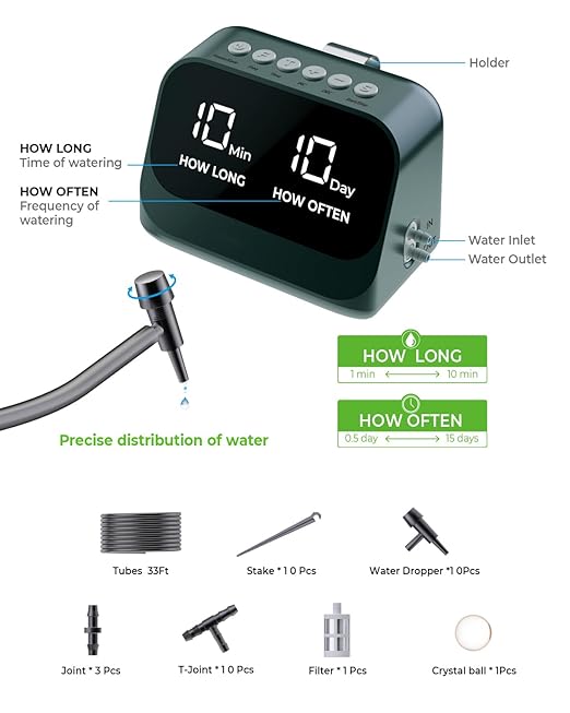 Automatic Watering System for Potted Plants Plant Waterer DIY Drip Irrigation Kit with Smart Timer Waterproof LED Display &amp Large Capacity Battery Precise Distribution of Water (Green)
