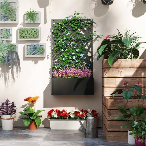 Metal Raised Garden Bed with Trellis Galvanized Planter Metal Planter Box with Trellis 24 L x 9.1 W x 44.5 H (Diamond Check)