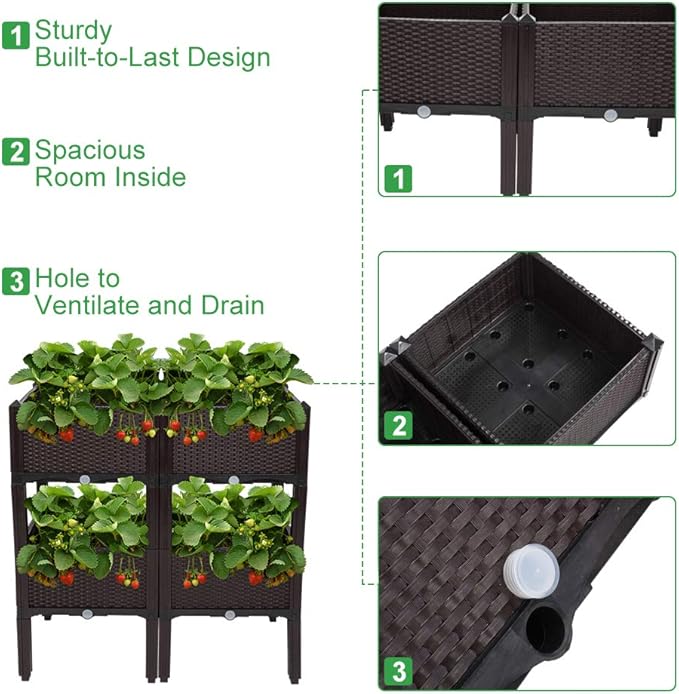 VINGLI Square Raised Garden Bed Self-Watering Plastic Planter for Indoor Outdoor Vegetables Fruits Potato Flowers All Weather (4 Pcs)