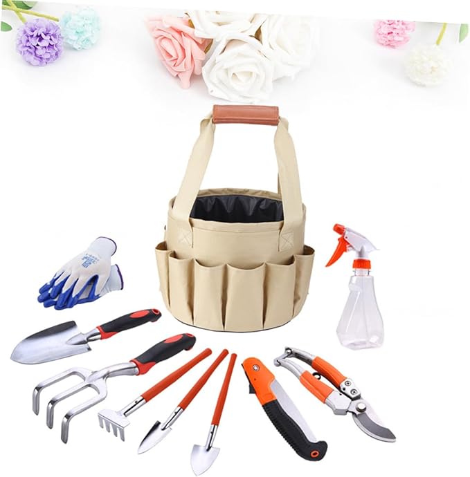 SUPVOX 10pcs Aluminum Alloy Garden Tool Set with Plastic Handles Including Wide Shovel Rakes Hand Saw Pruner Gloves and Watering Can Portable Gardening Kit for Random Color