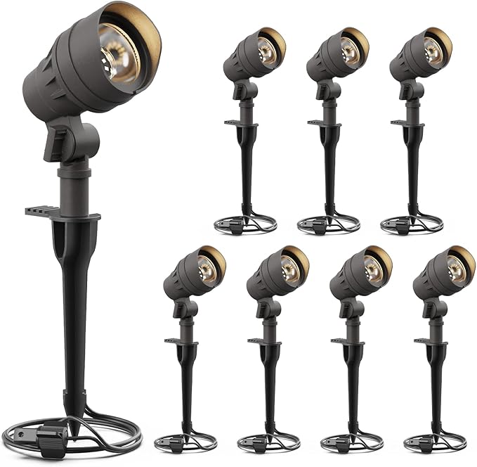 GOODSMAN Landscape Lighting 8PK Low Voltage Landscape Lights Led Low Voltage Landscape Spotlights 4.5W 205 Lumen Floodlights with Cable Connectors Metal Stakes 9127-96603-08A