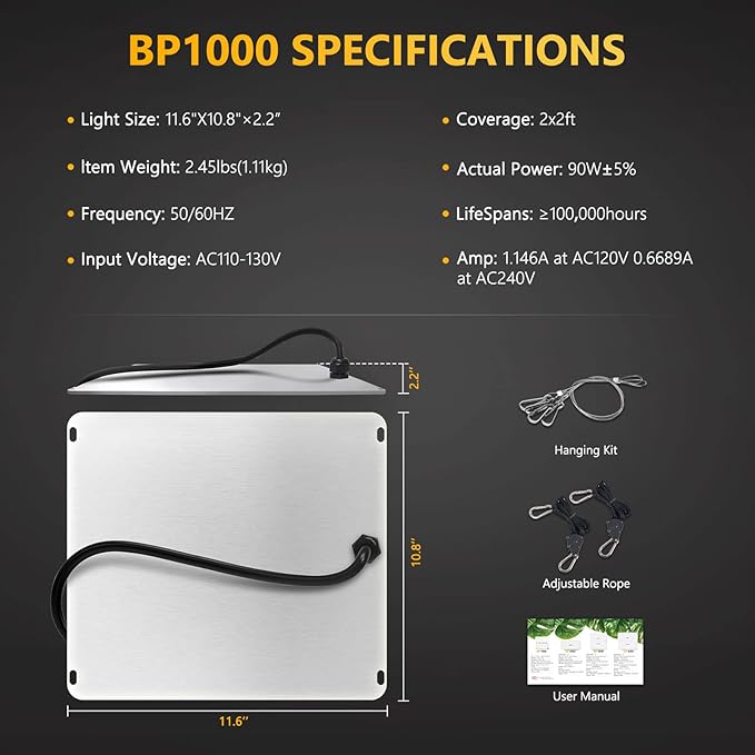 Bloom Plus LED Grow Light BP1000 for Indoor Plants Full Spectrum Grow Lamp with 336 High-Efficiency Diodes 2x2 ft Coverage for Seedling Vegetables and Flowering