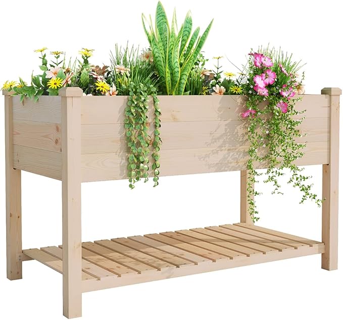 BIRASIL Outdoor Wood Raised Garden Bed Elevated Reinforced Large Planter Box with Storage Shelf for Vegetable Flower Backyard Patio Gardening Balcony (48”L Natural Wood)
