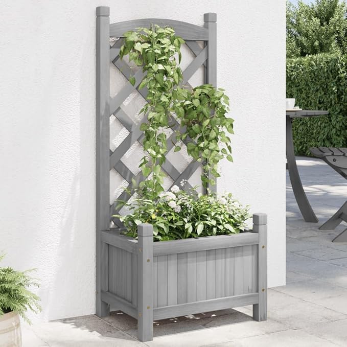 Gray Elevated Garden Bed Planter with Trellis 11.8x15.7x35.4 Solid Fir Wood Raised Box for Patio Balcony Outdoor Indoor Climbing Plants