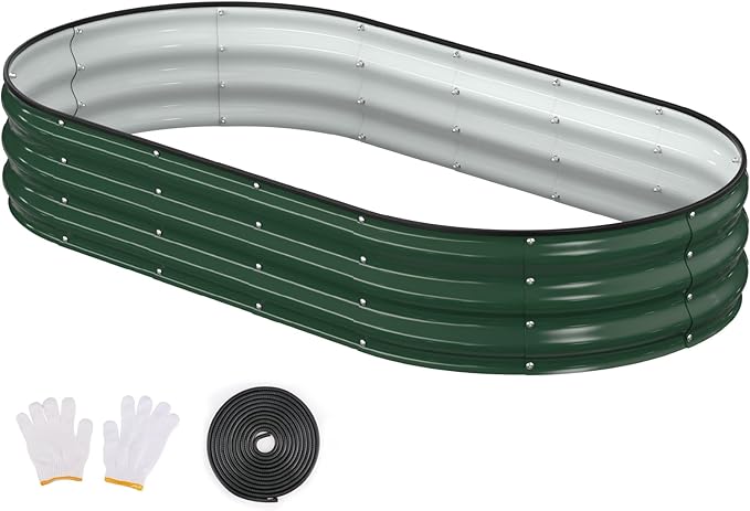 Raised Garden Bed 6x3x1ft Galvanized Outdoor Planter Beds with Safety Edging and Gloves Oval Metal Planter Box for Gardening Vegetables Flowers Herb-Deep Green