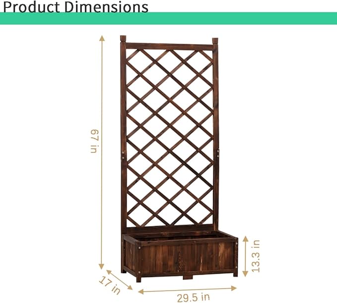 Anraja Raised Garden Bed with Trellis Wooden Planter Box Outdoor Wood Privacy Screen for Climbing Plant Planting Flower Patio Tomato Vegetable Herb Balcony Porch 29.5 L x 17.0 W x 67.0 H