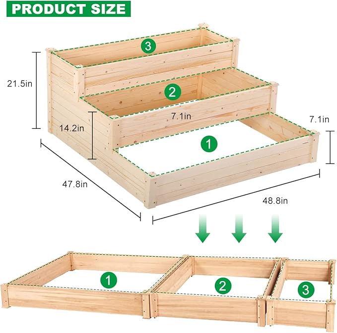 3-Tier Raise Garden Bed Elevated Wooden Planter Box Kit Standing Planter Grow Box Plants Bed for Outdoor Patio Greenhouse Planting Vegetable Herb Flowers and More 48X48X22 Inch