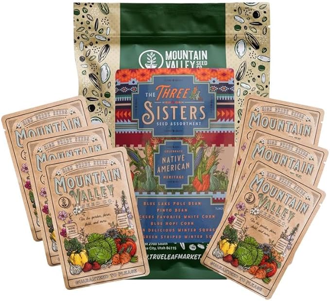 The Three Sisters Seed Assortment – 6 Pack Heirloom Corn Beans &amp Squash – Blue Hopi Trucker’s Favorite Blue Lake Pinto Golden Delicious &amp Cushaw – Non-GMO Traditional Garden Mix