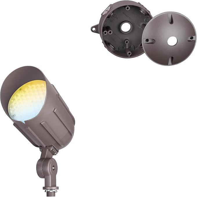 LEONLITE Bullet Flood Light Bundle Round Outlet Box 1-Pack 30W Commercial LED Landscape Spotlights 3CCT &amp 1-Pack Six 1/2-In Knockouts Round Outdoor Electrical Box Brown