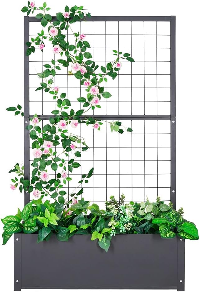 Metal Planter with Trellis Raised Garden Beds Outdoor (35.5 L*12 W*59 H) Inch Planter Box with Trellis&ampPrivacy Screen for Climbing Plants Vegetables Vines