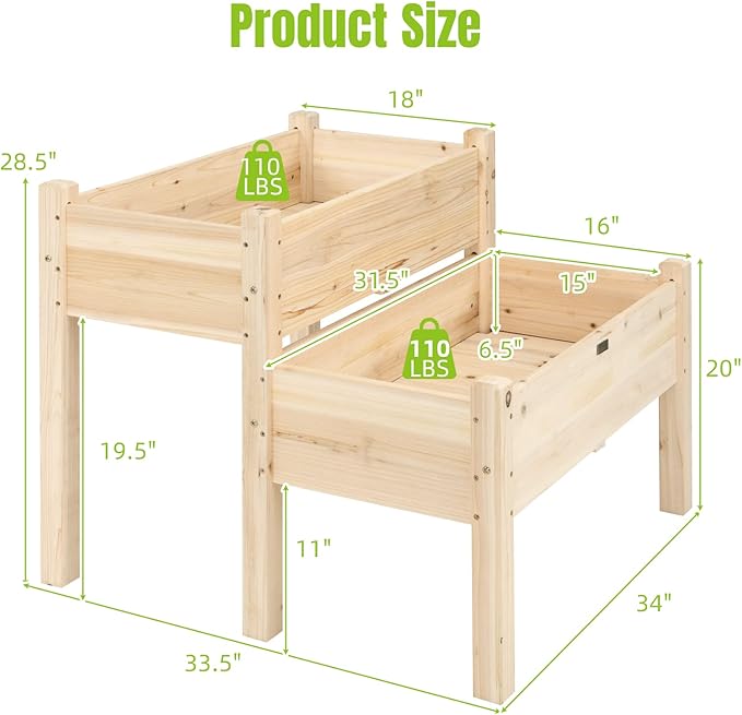 COSTWAY Raised Garden Bed 2-Tier Wooden Elevated Planter Box Stand with Legs for Vegetables Flowers Herbs Outdoor Indoor Garden Bed Kits for Backyard Patio Balcony Patio Natural