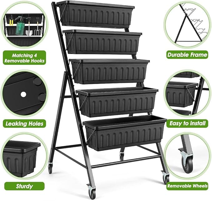 SEJOV 4FT Vertical Raised Garden Bed 5-Tier Vertical Garden Planter with Drainage System Larger Elevated Planter Box for Herb Vegetables Flowers Indoor Outdoor Planters (Black with Lockable Wheels)