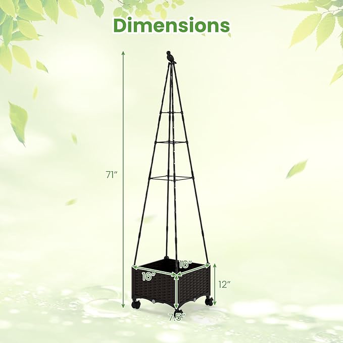 HAPPYGRILL 71 Garden Trellis for Climbing Plants Self-Watering Raised Garden Bed w/Obelisk Trellis Lockable Wheels Adjustable Height Indoor Outdoor Vertical Planter Box for Flower Vine (1)